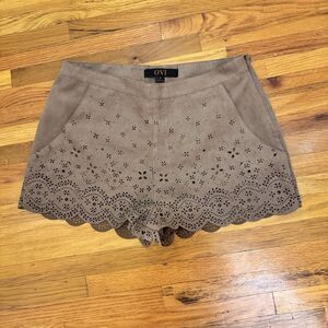 OVI Light Brown Laser Cut Scalloped Hem Faux Suede Shorts - Small